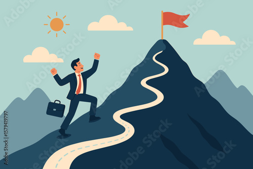 Positive Thinking, Happiness, Motivation, Success, Achievement, Businessman Climbing Mountain, Reaching Goal, Red Flag, Career Growth, Ambition, Modern Flat Vector Illustration