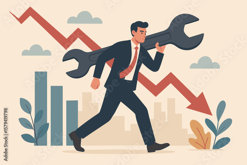 Business crisis management concept. Businessman carrying large wrench fixing problems. Economic downturn, financial loss, troubleshooting, recovery, repair, solution metaphor