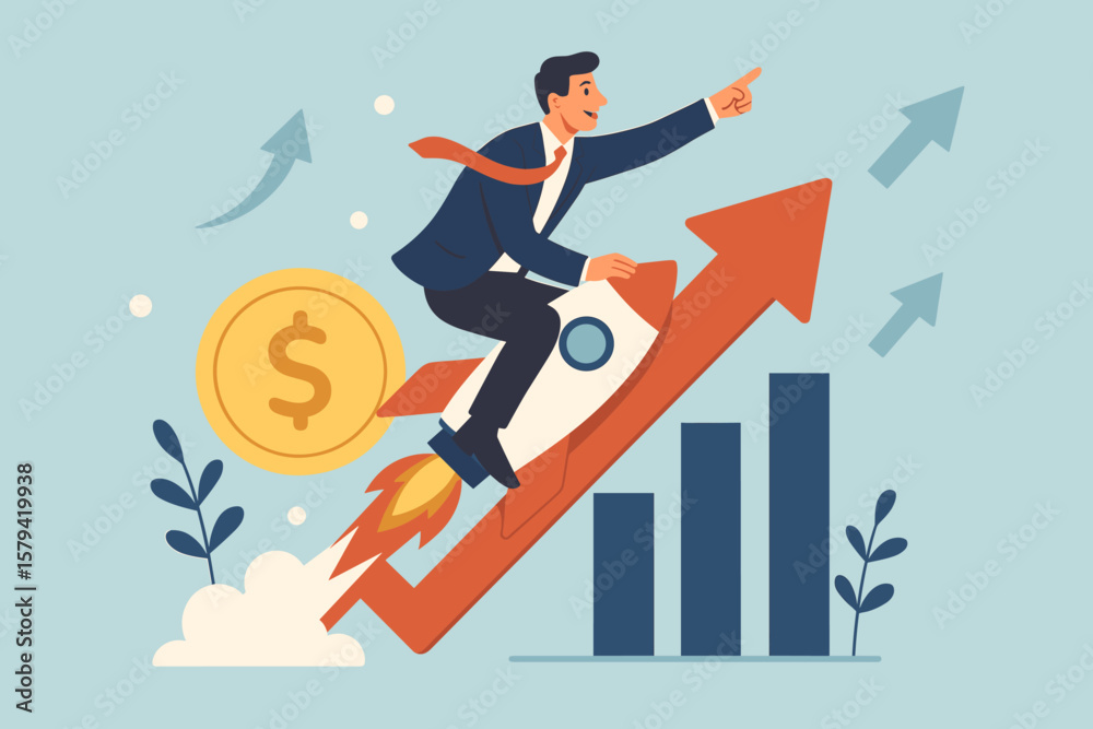 Business growth and financial success concept. Businessman leader riding a rocket on a growing graph arrow. Investment profit boost metaphor for startup and market analysis. Business growth and financial success concept. Businessman leader riding a rocket on a growing graph arrow. Investment profit boost metaphor for startup and market analysis.