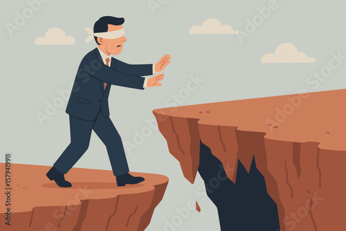 Blindfolded businessman walking toward cliff edge. Wrong decision, business risk, leadership mistake, failure, danger, uncertainty, risk management, bad choice concept illustration