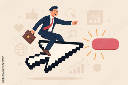 Digital marketing strategy concept with businessman riding pixel mouse cursor, targeting call to action button, symbolizing SEO, online advertising, click through rate, social media success