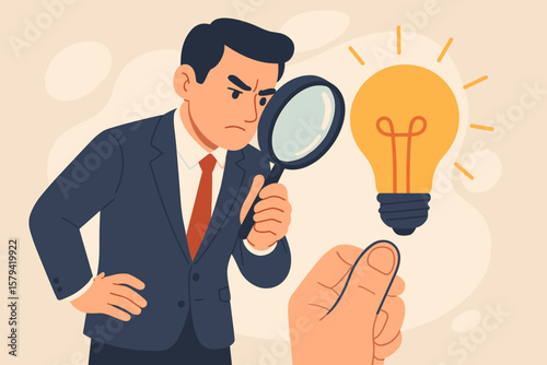 Perfectionist businessman analyzing details with magnifying glass, focus on high standards, attention to detail, perfect result, goal achievement, idea evaluation concept