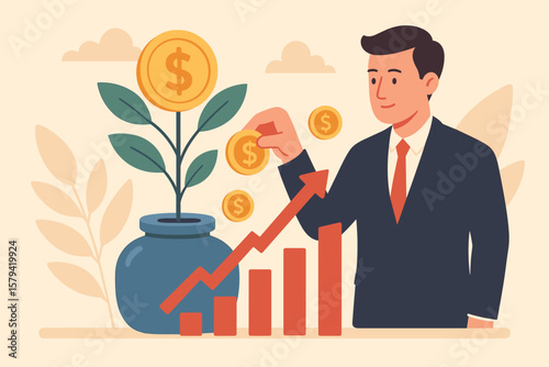 Businessman investing in mutual funds, 401K, pension, or savings for financial growth, increasing wealth, earning dividends, capital gains, profit, and high interest rate returns