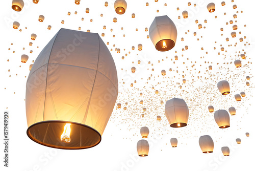 Floating sky lanterns glowing in night sky, symbolizing wishes on AI generated by PNG