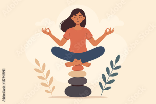 Zen meditation concept. Woman doing yoga in lotus pose on balanced stones. Mindfulness for mental health. Spiritual balance, harmony, calm, peace, relaxation vector illustration.