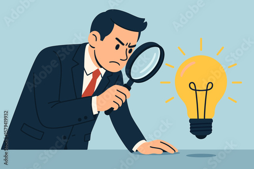 Perfectionist businessman analyzing ideas with magnifying glass, focus on details, high standards, attention to perfection, scrutiny, quality control, innovation, success concept