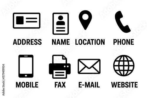 Contact us icons set. Business card and website information symbols. Vector collection of simple flat glyphs for address, phone, mobile, email, location, fax and web page.