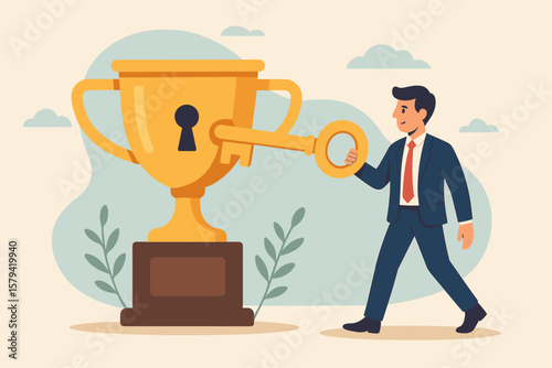Key to success concept. Businessman unlocks a trophy with a key. Symbol of achieving goals, victory, and winning strategy. Business achievement and leadership metaphor vector.