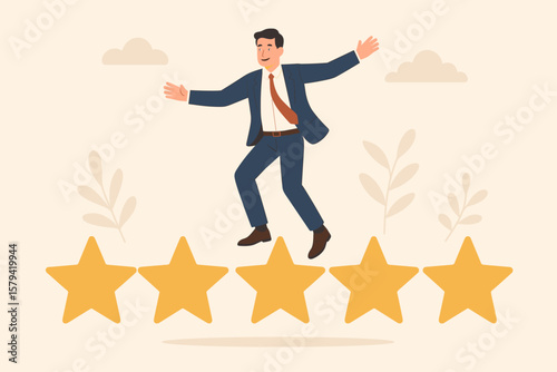Businessman Balancing on Five Stars, Employee Performance Review, Annual Evaluation, Appraisal, Success, Excellent Rating, Feedback, Achievement, Corporate Recognition Concept