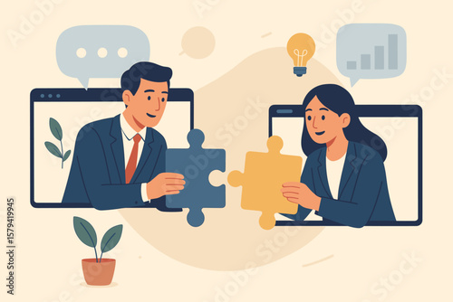 Business teamwork and online collaboration concept. People connecting puzzle pieces. Remote work, partnership, and communication for problem-solving, strategy, and success.
