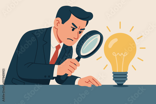 Perfectionist businessman with magnifying glass inspecting light bulb, attention to detail, high standards, focus on perfect results, meticulous analysis, quality control concept