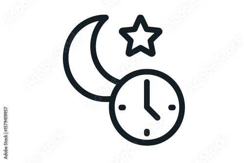 Sleep tracker icon with moon and clock. Night time symbol for sleep cycle monitoring. Health app UI element. Bedtime, insomnia concept. Vector line art illustration. Simple sign.