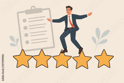 Businessman Balancing on Five Stars, Performance Review, Annual Employee Evaluation, Appraisal, Success, Excellent Feedback, Rating, Quality Assessment, Workplace Achievement