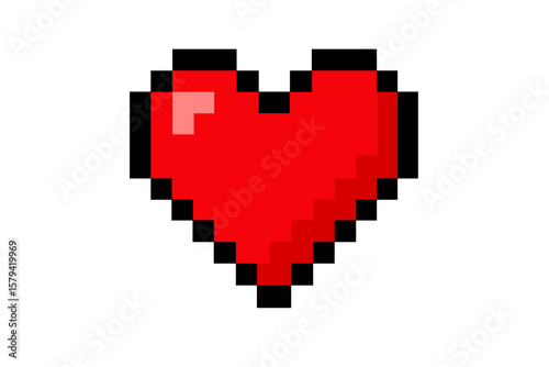 Pixel heart icon. 8-bit love symbol. Video game life health bar element. Retro digital art. Valentine's day romance sign. Red pixelated graphic. Vintage gaming design.