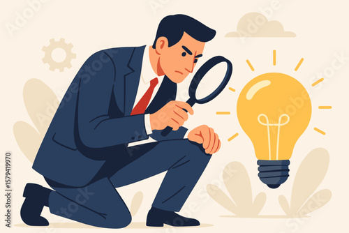Perfectionist businessman analyzing details with magnifying glass, focus on high standards, attention to detail, quality control, perfection, goal achievement, idea concept