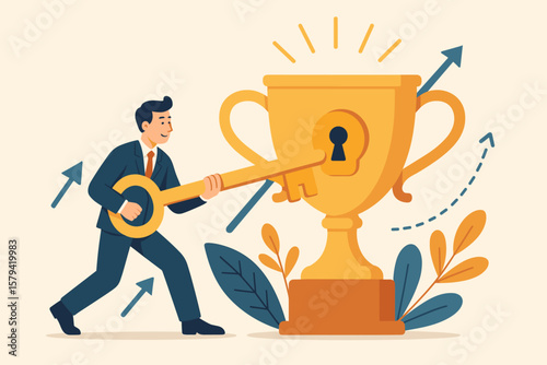 Business Success Strategy Concept. Businessman Unlocks Trophy with Key. Achievement, Leadership, Goal Setting, Project Planning, Workflow Process, Step by Step Growth, Company Policy