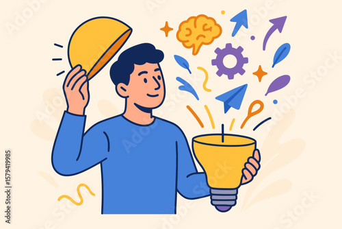 Unleashing innovation creative ideas. Man open head with lightbulb brain gear. Metaphor inspiration, startup launch, mindset growth. Business solution, problem solving concept.