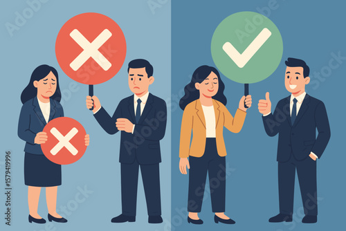 Business people holding large check mark and cross sign, pros and cons, do and don’t, positive vs negative, yes or no, good or bad decision, advice, comparison concept