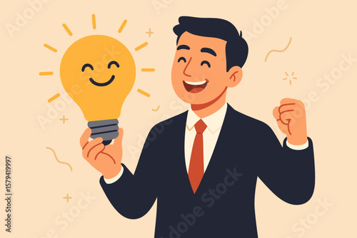 Positive thinking optimistic mindset success at work concept. Happy businessman in suit holding smiling lightbulb symbolizing creative idea, motivation, problem solving, achievement