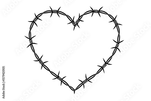 Barbed Wire Heart Shape Frame. Love Symbol with Spikes. Vector Illustration. Edgy Romantic Border. Tattoo Style. Isolated on Transparent Background. Dangerous Passion Concept.