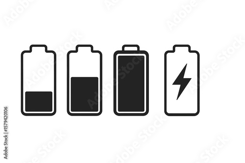 Battery charger icon set. Power status level from low to full. Charge indicator symbol for mobile phone app, ui, ux design. Smartphone energy accumulator vector graphic.