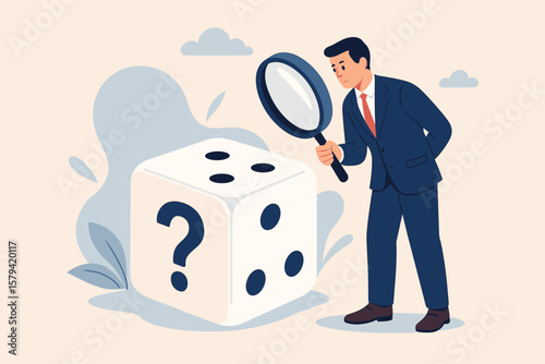 Businessman Analyzing Risk and Uncertainty Concept, Magnifying Glass Examining Dice with Question Mark, Chance, Gamble, Opportunity, Prediction, Future Forecast, Decision Making
