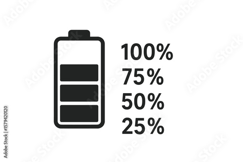 Battery charge level indicator icon set with percentage. Power status bar symbol for mobile phone interface. Full, half, low energy status. Discharged and charged battery.