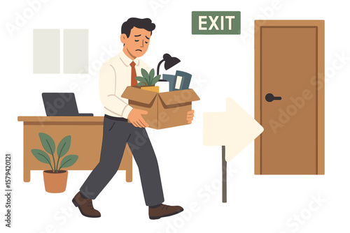 Office worker leaving job carrying box of personal belongings, resignation, layoff, career change, unemployment, employee termination, burnout, dissatisfaction, exit concept