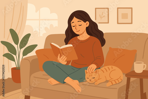 Cozy home relaxation scene, young woman reading book on sofa with cat, peaceful living room, comfort, wellbeing, stress relief, tranquil lifestyle, self care, positive emotions