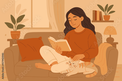 Cozy home relaxation, young woman reading book on sofa with cat, peaceful lifestyle, calm wellbeing, stress relief, positive emotions, self care, comfortable living room interior