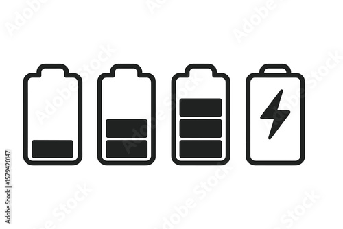 Battery charge level indicator icons set. Low and full energy status symbol for mobile app and web ui. Power charger sign. Alkaline accumulator load progress vector.