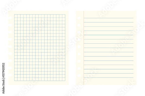 Set of realistic blank notebook paper sheets. Torn empty page with grid and lined paper for school or office. Vector illustration template for notes or messages.