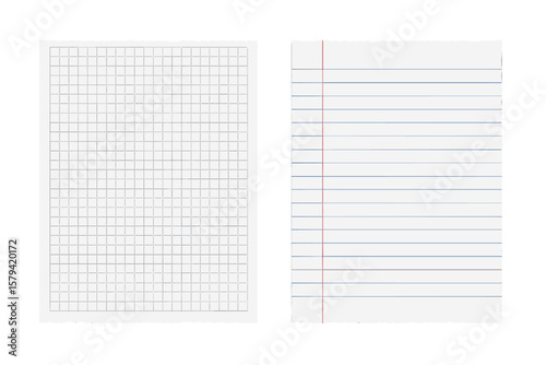 Realistic torn notebook paper set. Blank lined and squared graph paper sheets for school or office. Empty page vector illustration isolated on a white background design element.