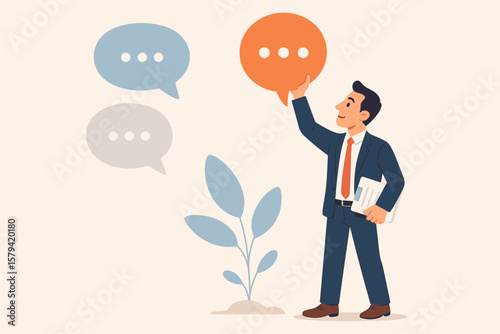Businessman selecting speech bubble, effective communication, client feedback, requirement gathering, meeting summary, customer opinion, conversation, corporate discussion concept