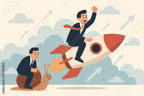 Businessman on rocket beats competitor on snail. Business competition, performance, speed, success concept. Competitive advantage, innovation, high performance employee winner.