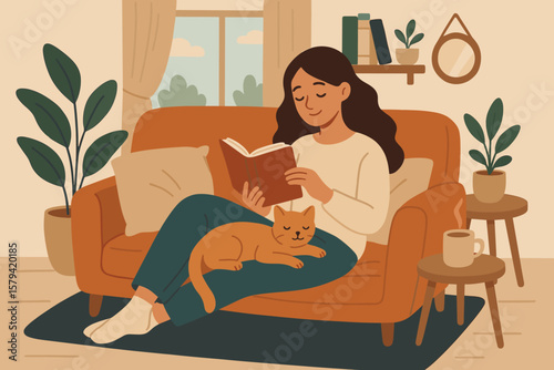Cozy home relaxation scene, young woman reading book on sofa with sleeping cat, peaceful living room, calm wellbeing, comfort, self care, stress relief, hygge lifestyle concept