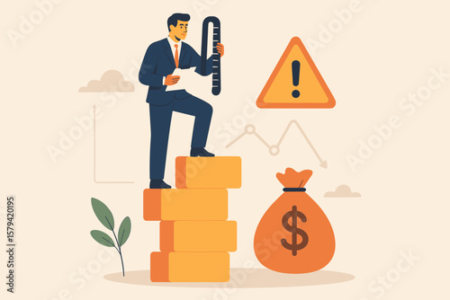 Businessman Risk Assessment and Investment Loss Analysis Concept. Measuring Financial Danger, Evaluating Acceptable Money Loss, Limiting Risk, Investment Control, Financial Warning