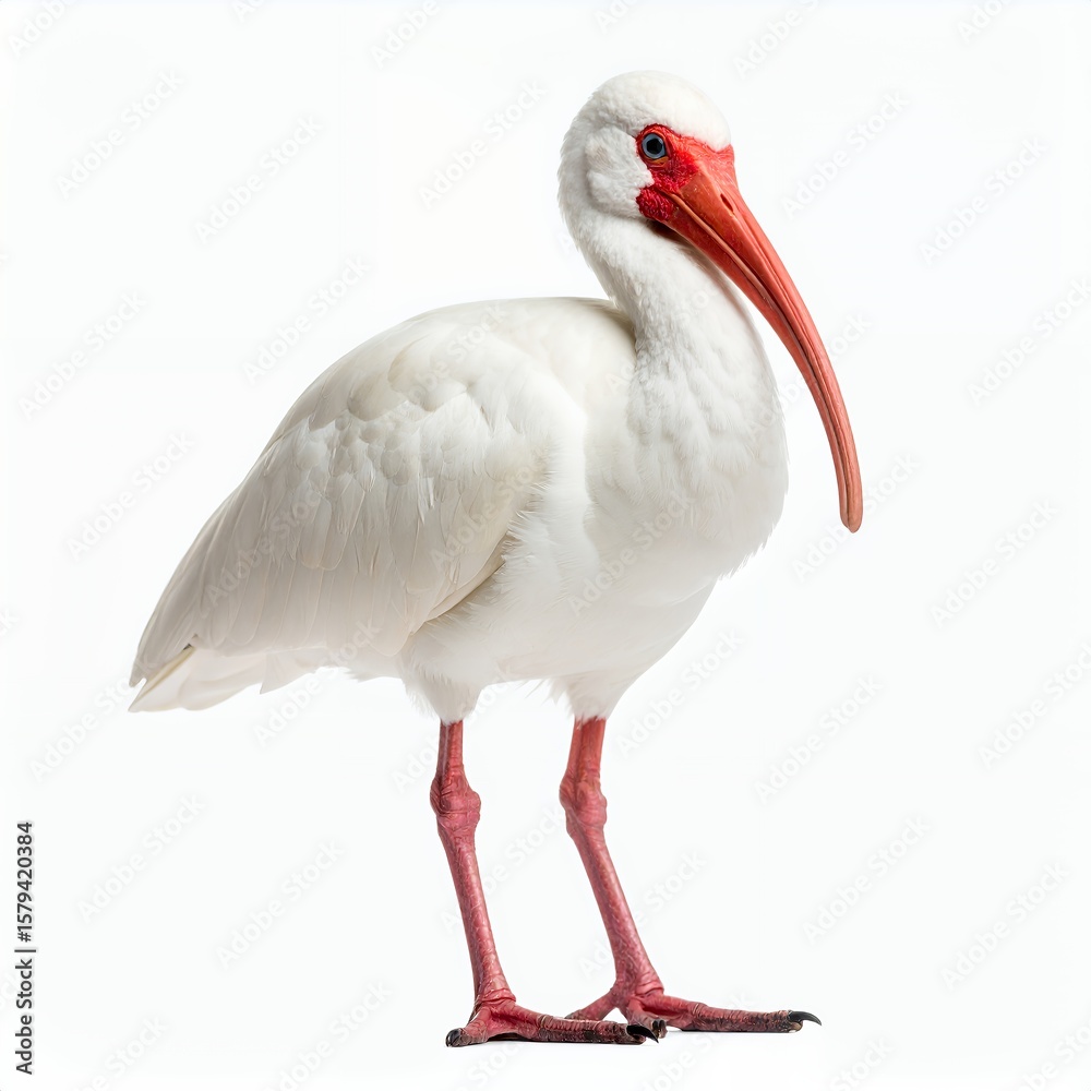 Fototapeta premium Elegant white ibis portrait showcasing its vibrant beak and plumage on white background