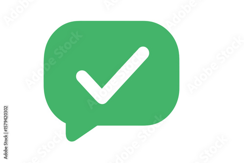Checkmark icon in green speech bubble. Tick symbol for approve, accept, or agree. Correct sign for success, confirmation, or completion. Vector for app, web, and UI design.