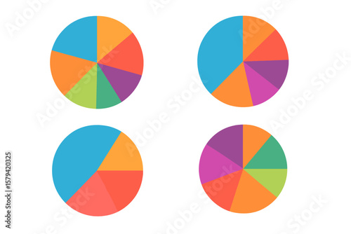 Colorful Pie Chart Collection for Business Data Visualization, Infographics, Analytics, Statistics, Segmentation, Transparent PNG, Editable Vector Elements