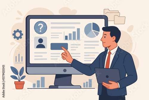 Businessman presenting data analytics dashboard on computer screen, online self-service software, automated reporting, resource management, digital assistance concept