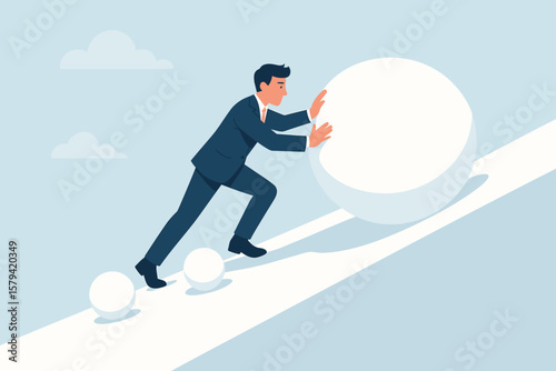 Businessman Rolling Large Snowball Uphill, Snowball Effect Concept, Financial Growth, Investment Risk, Mistake, Accumulation, Challenge, Progress, Business Metaphor Illustration