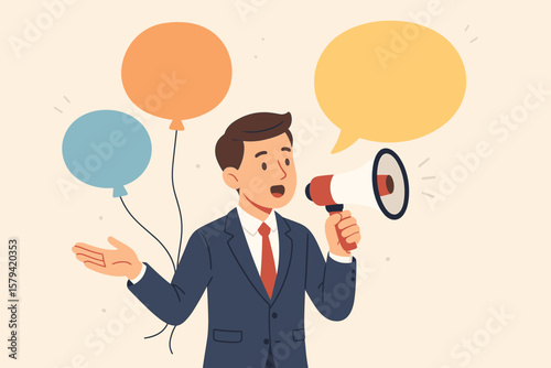 PR manager with megaphone announcement. Public relations communication concept. Businessman advertising sales or promotions. Marketing media news alert. Spokesperson vector icon.