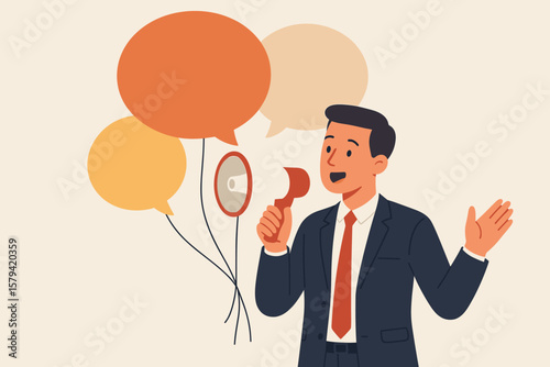 Communication and PR concept. Public relations manager communicating company information and media. Businessman with megaphone announcing sales, promotion. Speech bubble vector.