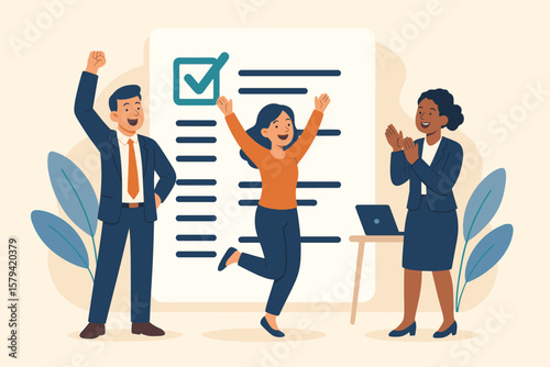 Business people celebrate completing task list. Team success, project management concept. Happy employees with giant checklist, checkmark. Goal achievement and job done vector.