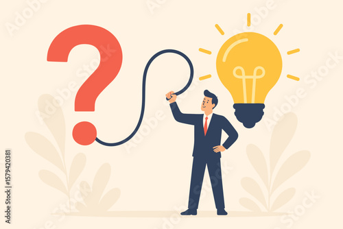 Businessman Solving Problem Connecting Question Mark to Light Bulb. Creative Idea, Innovation, Leadership, Solution, Answer, Overcoming Difficulty, Business Success Concept