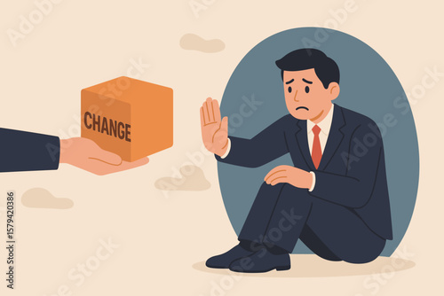 Status quo bias, fear of change, refusal to leave comfort zone, conservative thinking, risk aversion, resisting decision making, businessman rejecting change concept