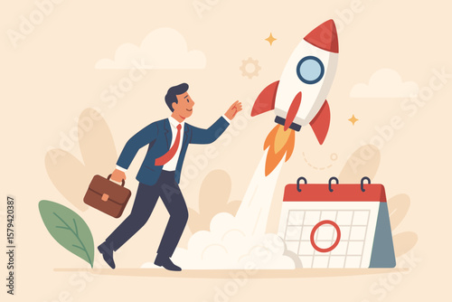 Businessman launching startup, new company or product, entrepreneurship innovation, career change, quitting full time job, business growth, project kickoff, rocket launch