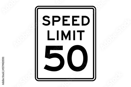 Speed Limit 50 Road Sign. Traffic Regulation Symbol. Printable Vector Illustration. Black and White Highway Safety Signage. Transportation Law Icon. Transparent Background.
