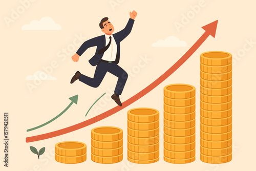 Businessman Jumping Over Growing Stacks of Coins, Financial Success, Investment Growth, Wealth Building, Stock Market Returns, Economic Progress, Money Profit Concept